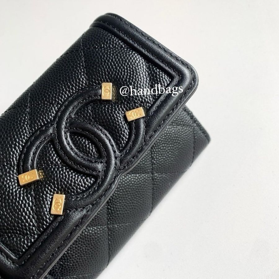 CHANEL Filigree Vanity 黑色 荔枝牛皮 雙層 卡包 零錢包 A81460 現貨LW-4