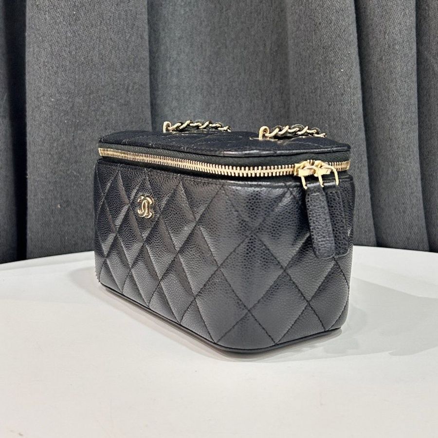 芯片款 香奈兒/Chanel 黑金荔枝紋牛皮化粧盒子鏈條包-3
