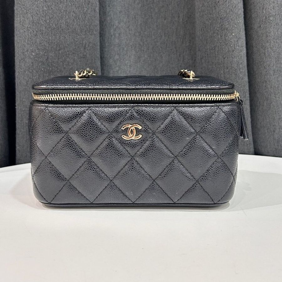 芯片款 香奈兒/Chanel 黑金荔枝紋牛皮化粧盒子鏈條包-5