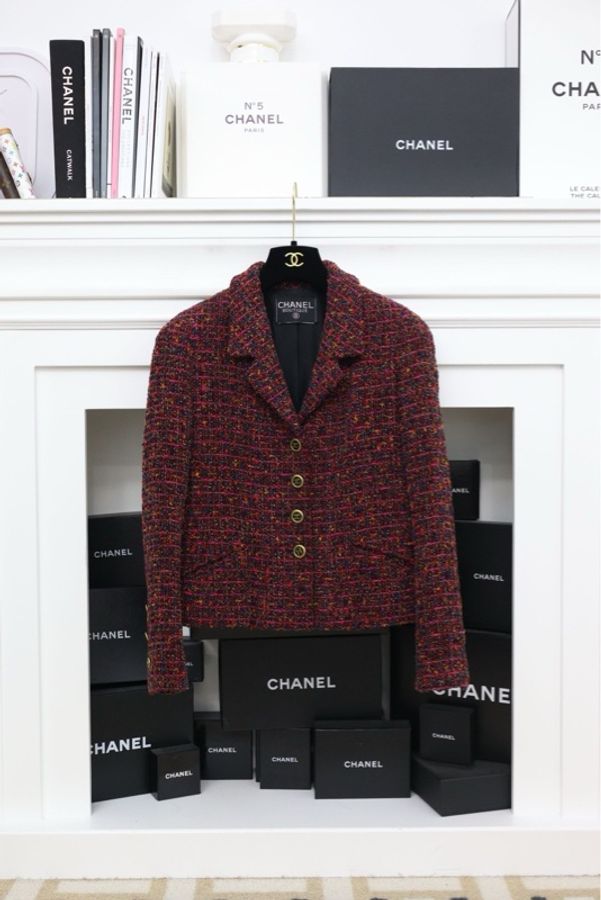 Chanel 1994年紫红色金扣粗花呢两口袋外套-0