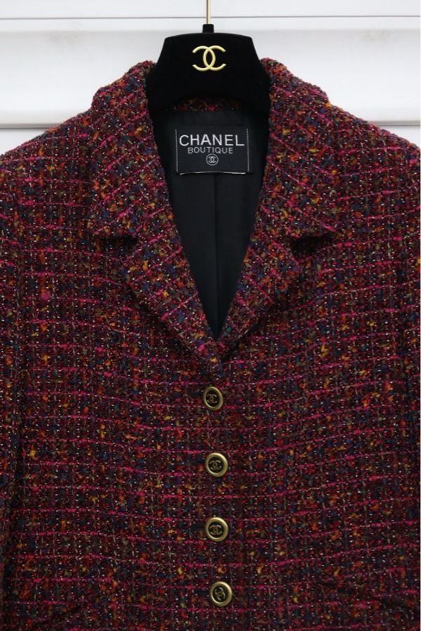 Chanel 1994年紫红色金扣粗花呢两口袋外套-5