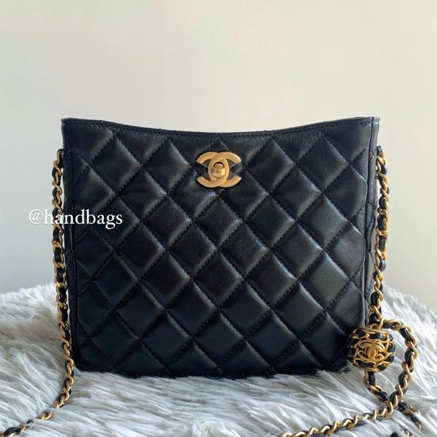 CHANEL Hobo 黑色 羊皮 核桃 金球 皮穿金鍊 可調節 單肩 斜挎包 嬉皮包 AS3259 現貨LW-0