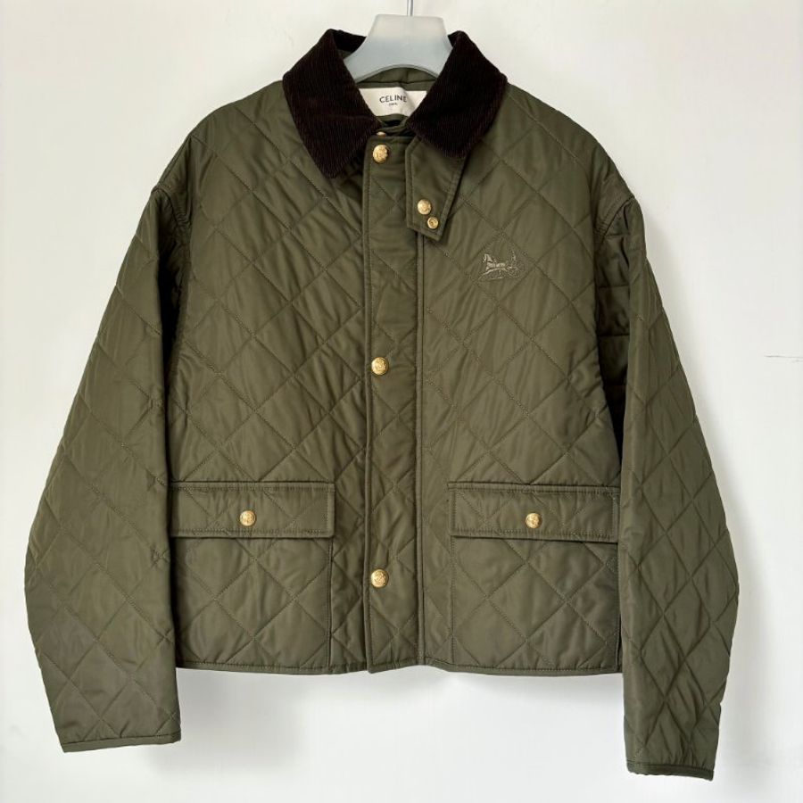 ::CELINE:: 軍綠色輕薄尼龍絎縫獵裝金釦馬車刺繡夾克 36號-0