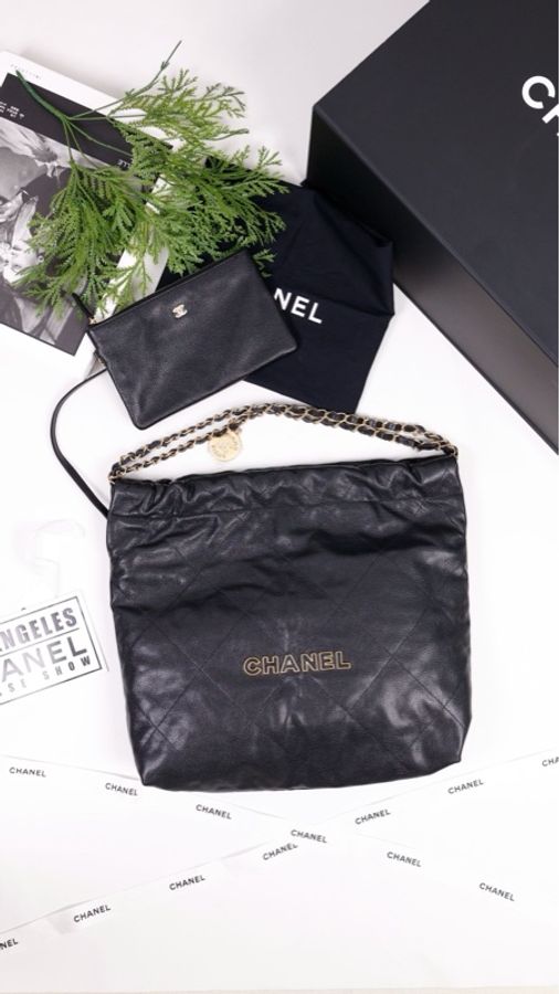 Chanel 24K黑金荔枝皮珐琅字母22bag子母包小号垃圾袋-1