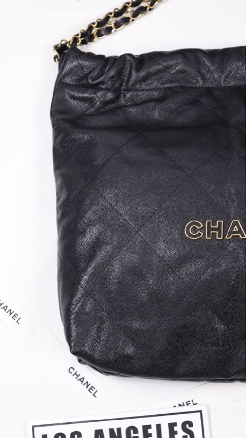 Chanel 24K黑金荔枝皮珐琅字母22bag子母包小号垃圾袋-13