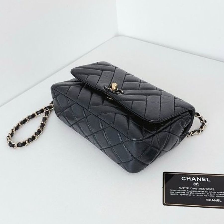 香奈兒/Chanel 黑金油蠟皮 CF大mini菱格V紋 鏈條包-8