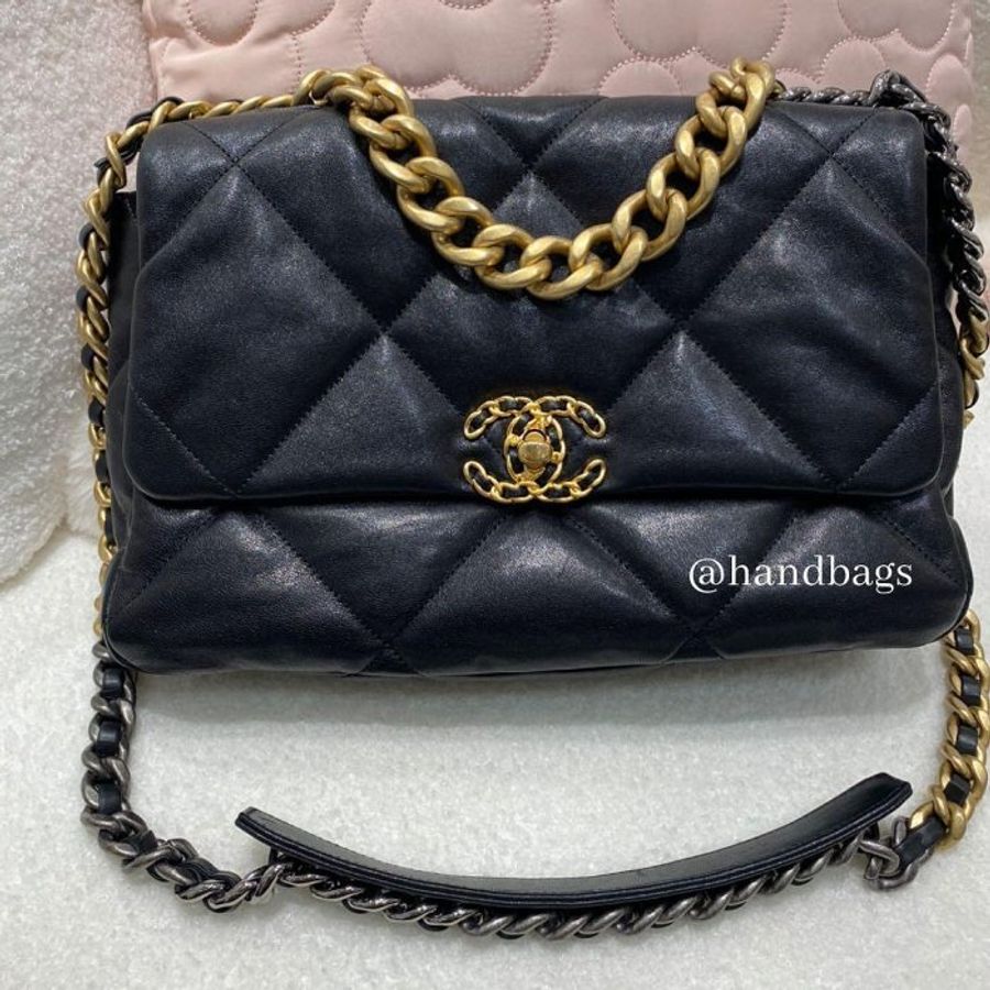 CHANEL 19 黑色 小羊皮 金釦 金銀鍊 30cm 手提 斜挎 中型 口蓋包 AS1161-0