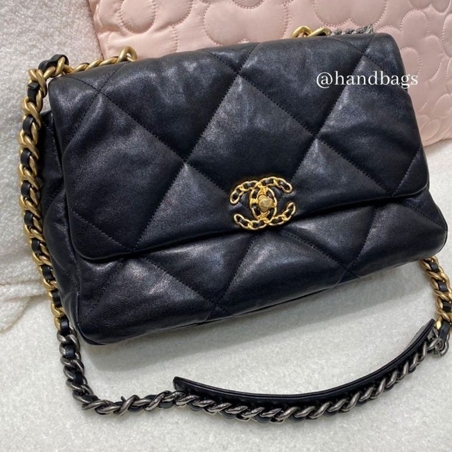 CHANEL 19 黑色 小羊皮 金釦 金銀鍊 30cm 手提 斜挎 中型 口蓋包 AS1161-2