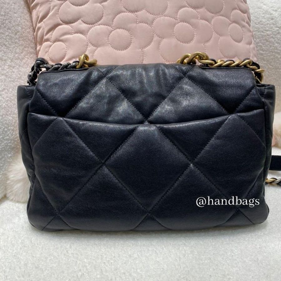 CHANEL 19 黑色 小羊皮 金釦 金銀鍊 30cm 手提 斜挎 中型 口蓋包 AS1161-3