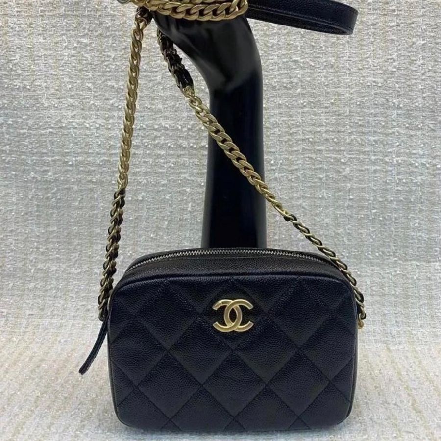 CHANEL 爆款 黑色 荔枝牛皮 金CC 造型 皮穿鍊 斜挎 單肩 相機包 AS3104 現貨L-3