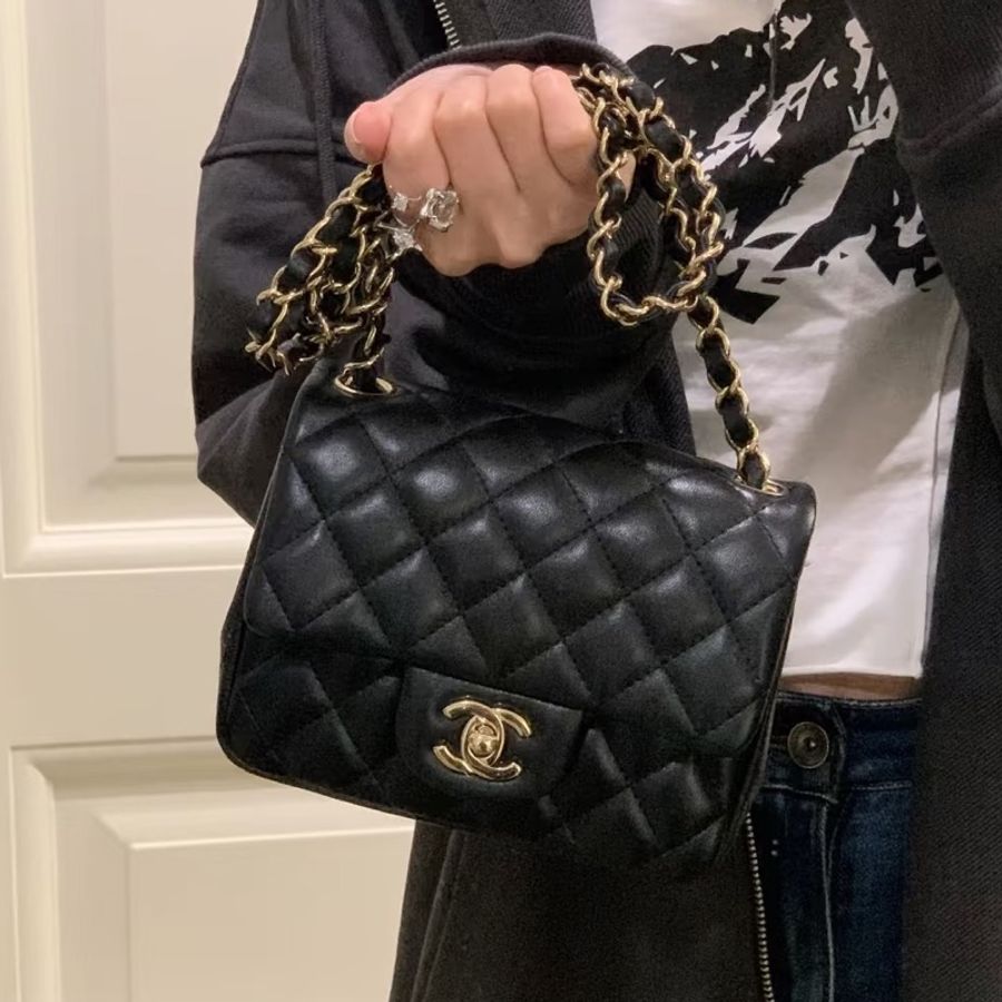 低價99新🆕全配🈶購證😍Chanel香奈兒黑金菱格紋方胖子鏈條包單肩斜挎包-3