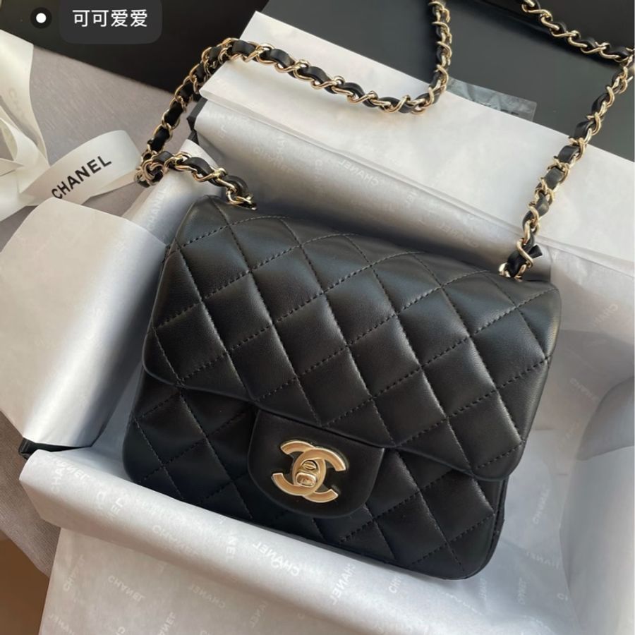 低價99新🆕全配🈶購證😍Chanel香奈兒黑金菱格紋方胖子鏈條包單肩斜挎包-7