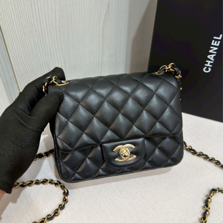 低價99新🆕全配🈶購證😍Chanel香奈兒黑金菱格紋方胖子鏈條包單肩斜挎包-9