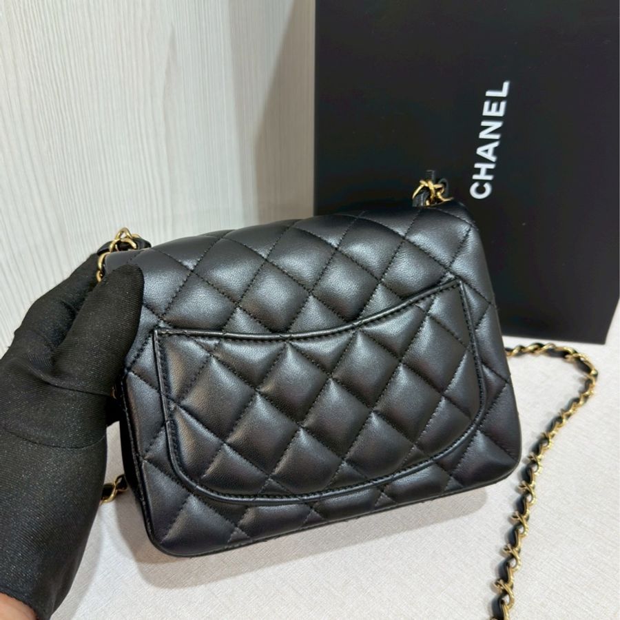 低價99新🆕全配🈶購證😍Chanel香奈兒黑金菱格紋方胖子鏈條包單肩斜挎包-12