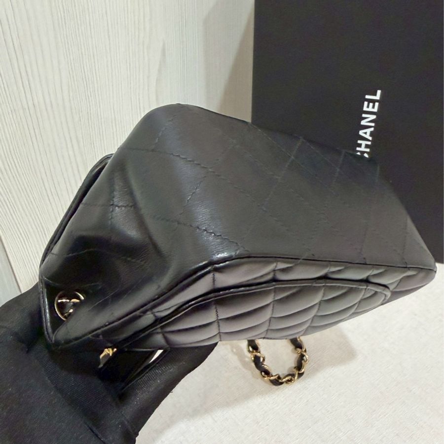低價99新🆕全配🈶購證😍Chanel香奈兒黑金菱格紋方胖子鏈條包單肩斜挎包-16