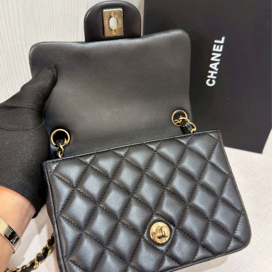 低價99新🆕全配🈶購證😍Chanel香奈兒黑金菱格紋方胖子鏈條包單肩斜挎包-18