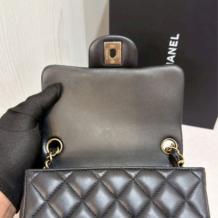 低價99新🆕全配🈶購證😍Chanel香奈兒黑金菱格紋方胖子鏈條包單肩斜挎包-19