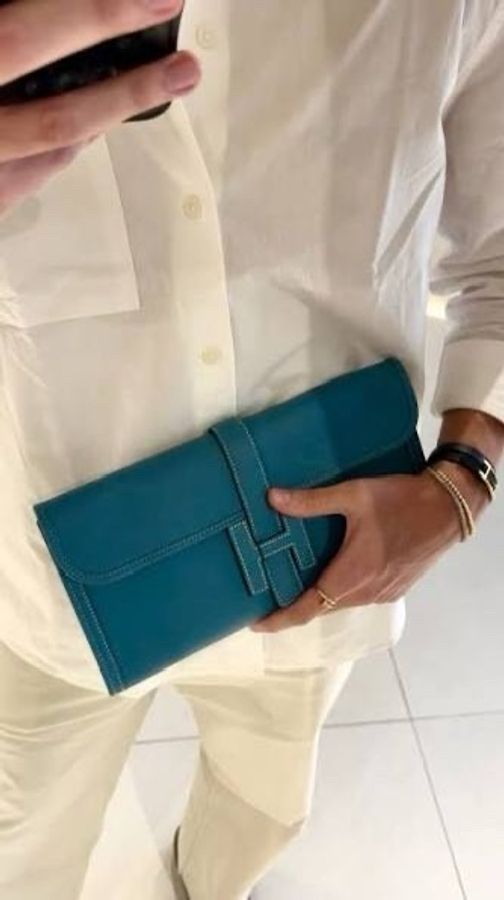 激甜奧爾近新全配閒置有購買證明及鑒定✨ Hermes 愛馬仕經典Jige Elan系列小牛皮手拿/晚宴包/松柏綠激甜-1