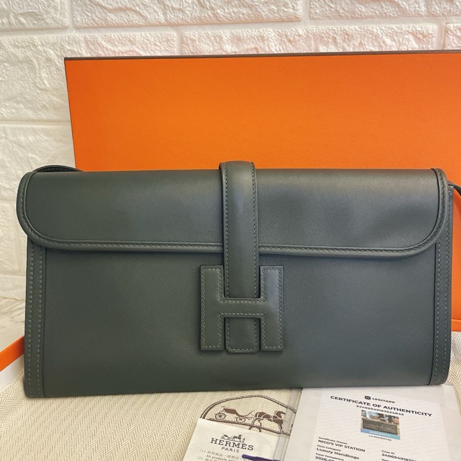 激甜奧爾近新全配閒置有購買證明及鑒定✨ Hermes 愛馬仕經典Jige Elan系列小牛皮手拿/晚宴包/松柏綠激甜-23