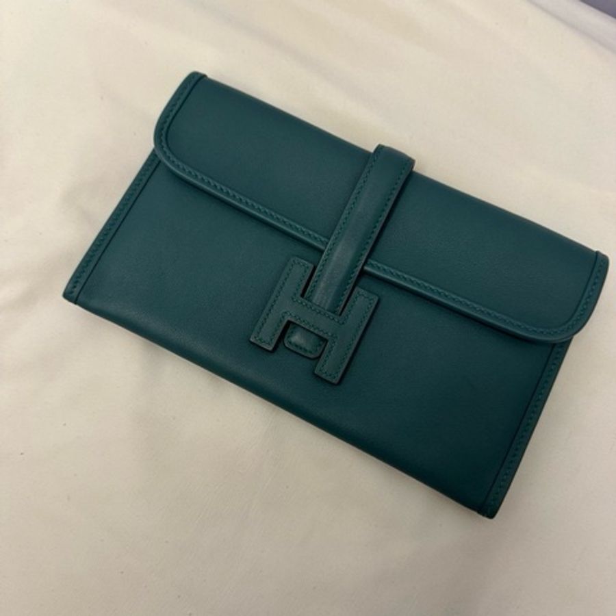 激甜近新全配閒置有購買證明及鑒定✨ Hermes 愛馬仕經典Jige Elan系列小牛皮手拿/晚宴包/松柏綠激甜-6