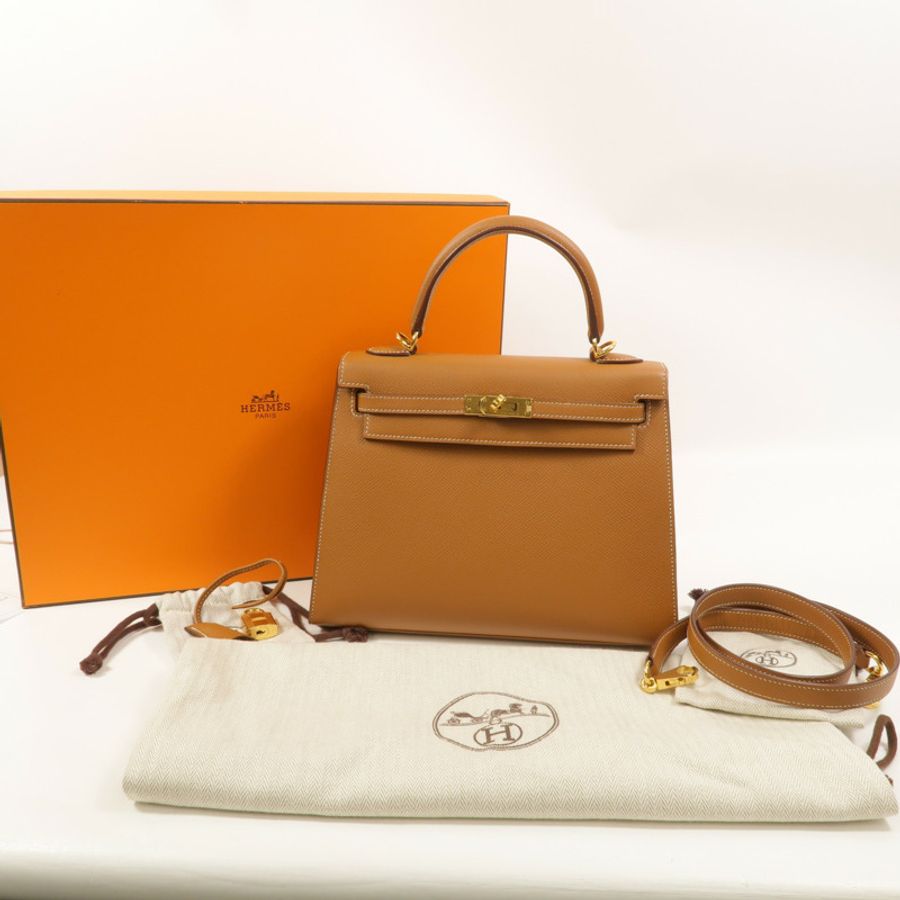 HERMES Epsom皮革Kelly 25手挽肩背兩用袋Gold-9