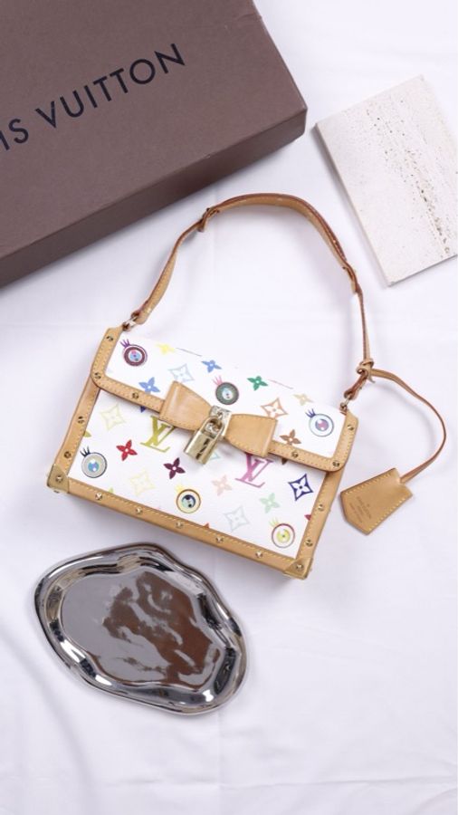 LV x 村上隆限定03年白三彩大眼睛哈苏里mini蝴蝶结腋下包单肩包-0