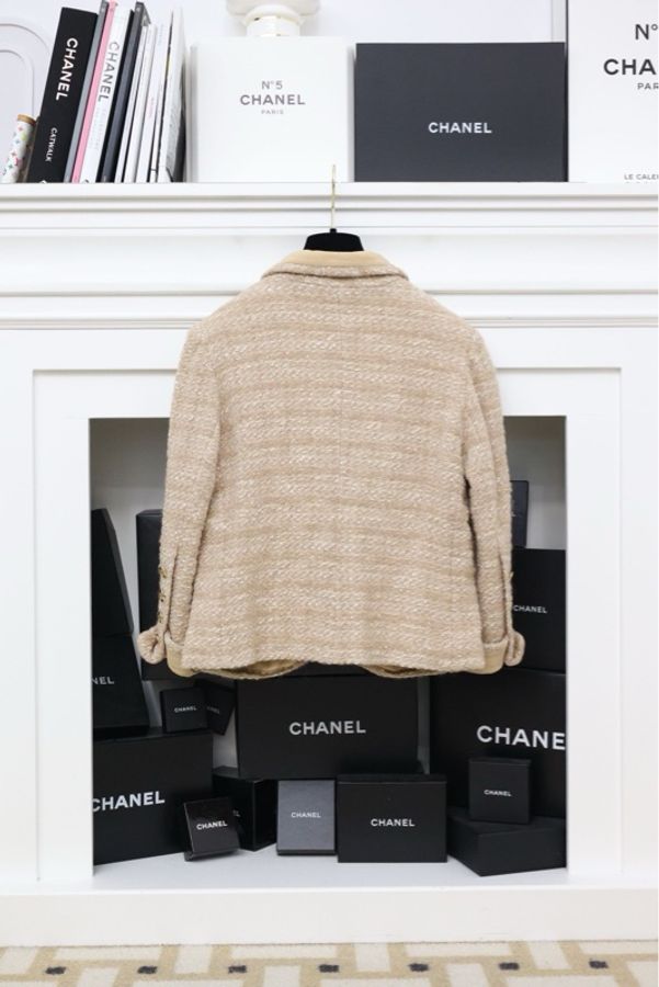 Chanel 1986年秋冬秀款卡其色羊毛四口袋短外套半裙套装-6