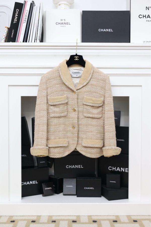 Chanel 1986年秋冬秀款卡其色羊毛四口袋短外套半裙套装-12