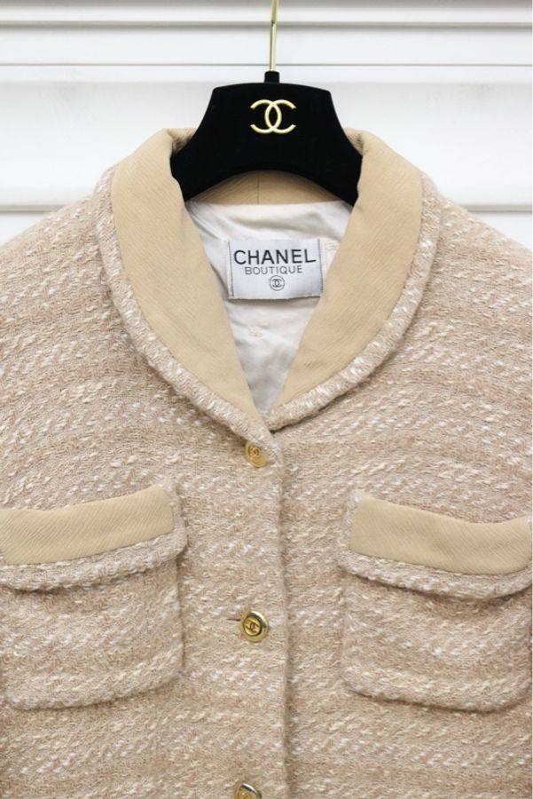 Chanel 1986年秋冬秀款卡其色羊毛四口袋短外套半裙套装-21