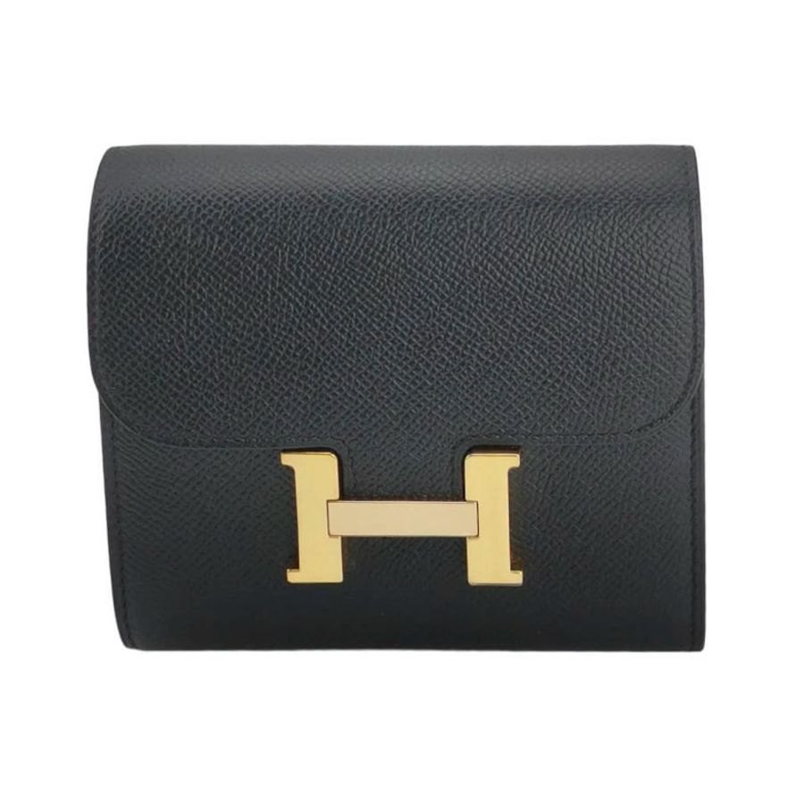 Hermes Constance康康小號字母H扣錢包Epsom牛皮金扣89黑色C刻-0
