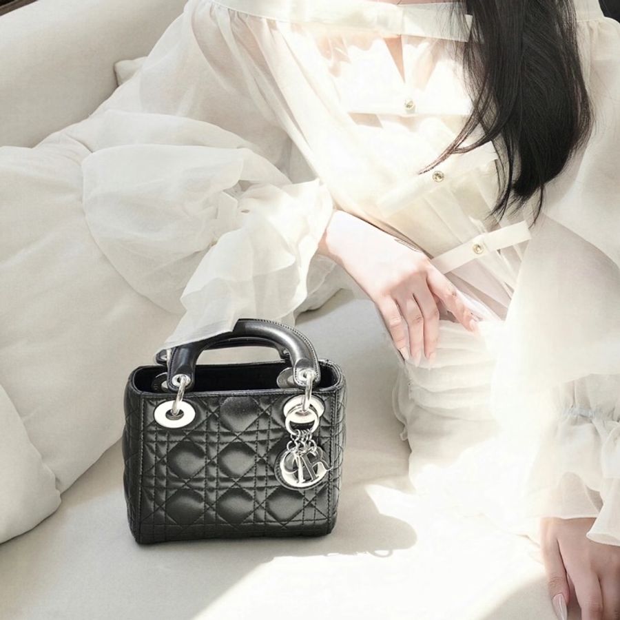 Dior迪奧Lady Dior三格黑銀戴妃包mini🌸-1