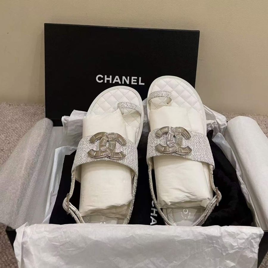 閒置未使用 Chanel 織物雙C大logo涼鞋 39-0