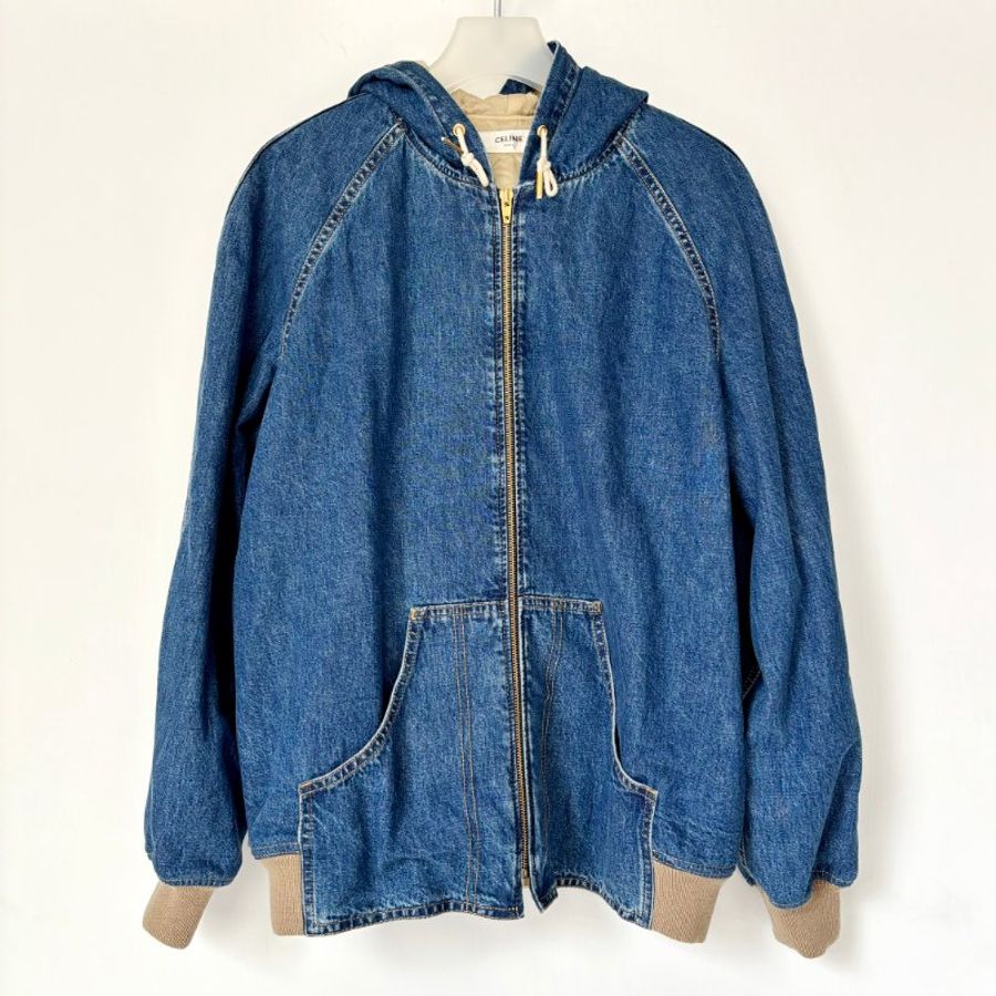 ::CELINE:: 拼布白色字母 單寧連帽牛仔外套 M號 休閒款-1