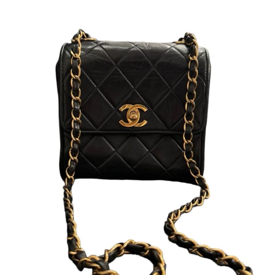 Chanel黑金雙C扣菱格紋方胖鏈條包-0