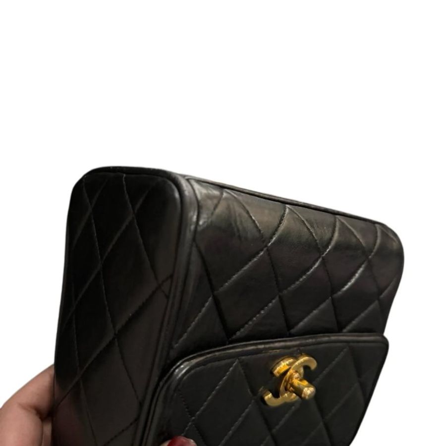 Chanel黑金雙C扣菱格紋方胖鏈條包-4