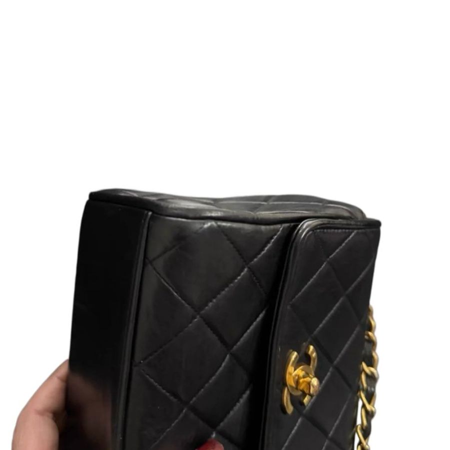 Chanel黑金雙C扣菱格紋方胖鏈條包-5