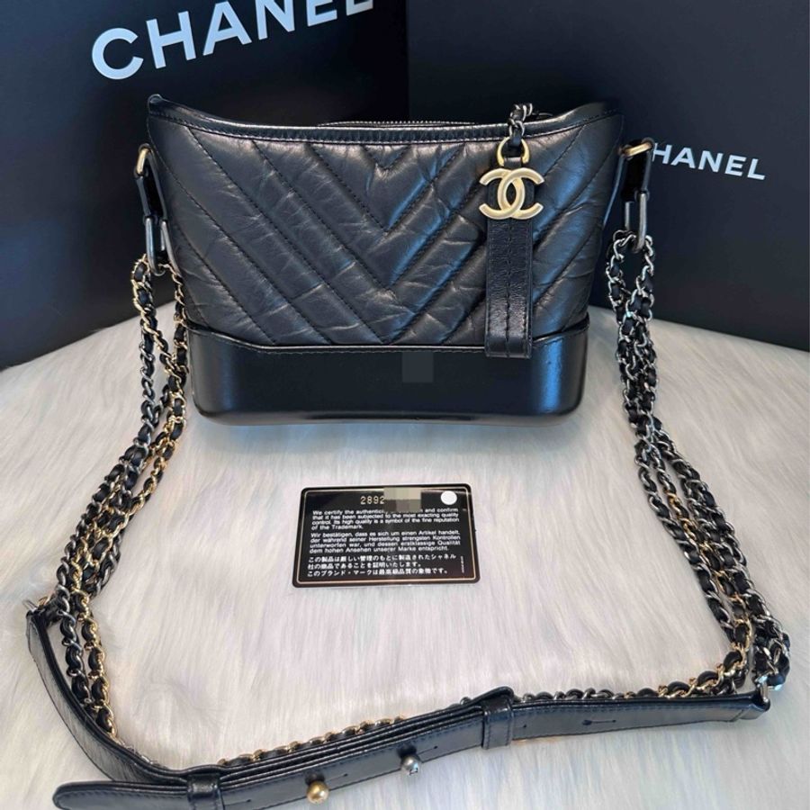 Chanel香奈兒/黑金V紋流浪包小號 28開(有卡)-0