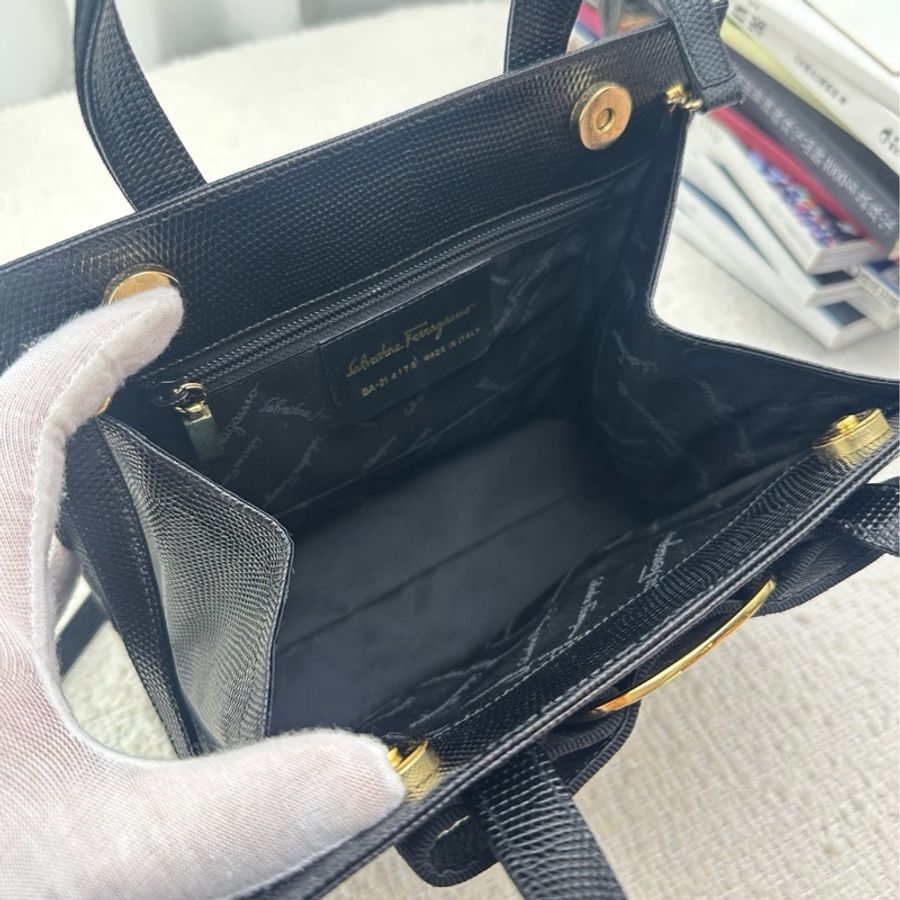 Ferragamo 菲拉格慕黑金蜥蜴紋蝴蝶結手提斜挎包-5