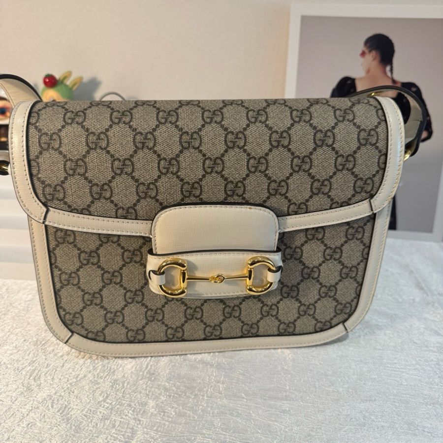 Gucci 古馳1955馬鞍包中號 白色老花-0