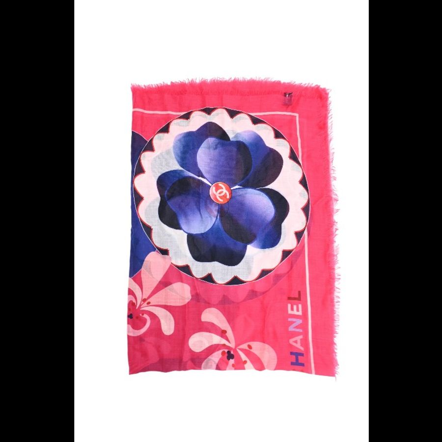 Chanel 玫红山茶花图案羊绒围巾-0