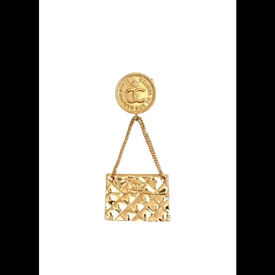 Chanel 素金CF包包吊坠胸针-14