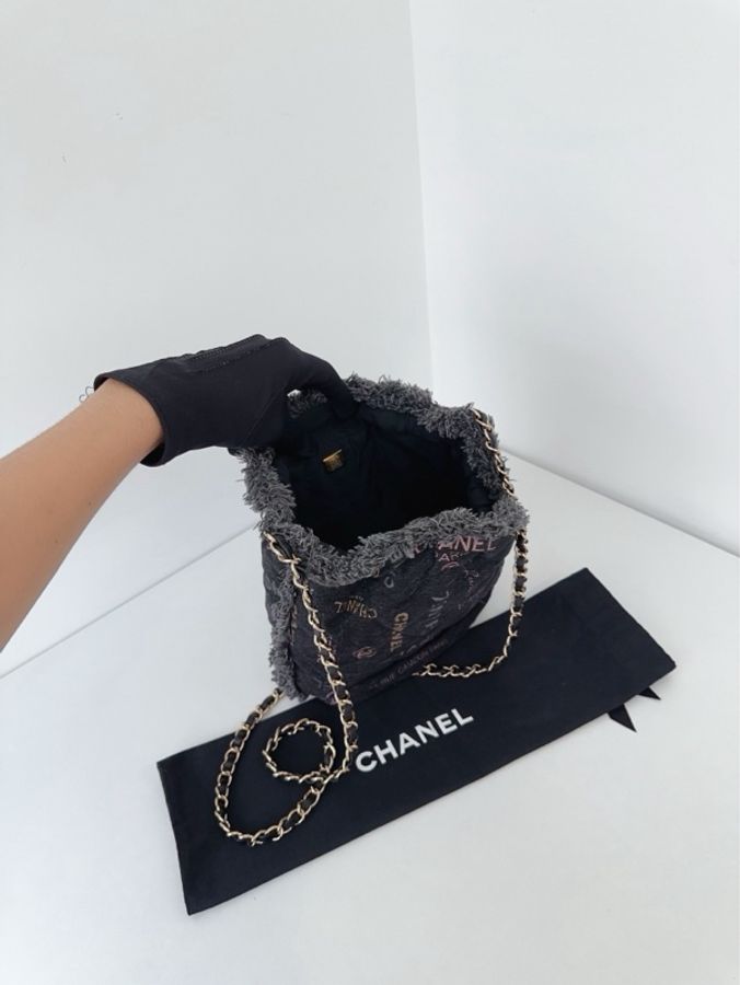 💎Chanel香奈兒|黑丹寧牛仔 彩色字母塗鴉 抽繩鏈條水桶包|小號|99新芯片款-8
