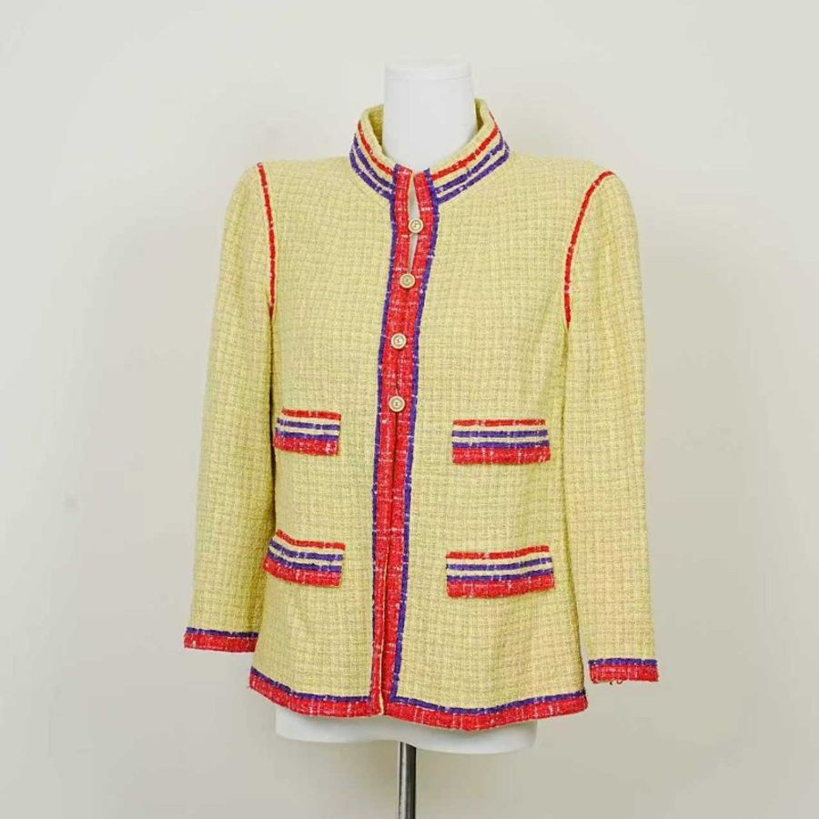 Chanel 香奈兒42碼 vintage 黃色粗花呢小香風毛呢外套-1