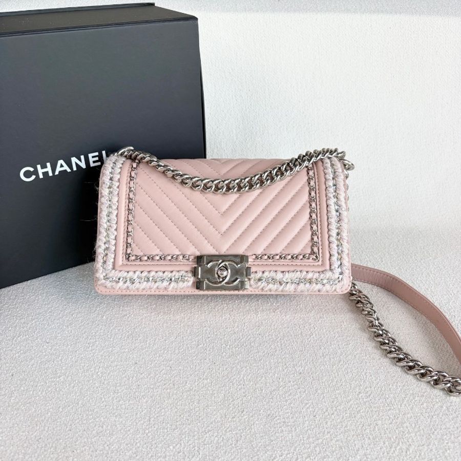 Chanel限定編織邊Leboy中號 毛呢編織拼羊皮 粉色 銀扣 V紋-1