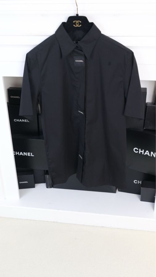 Chanel 99年黑白字母魔术贴扣短袖衬衫上衣-2