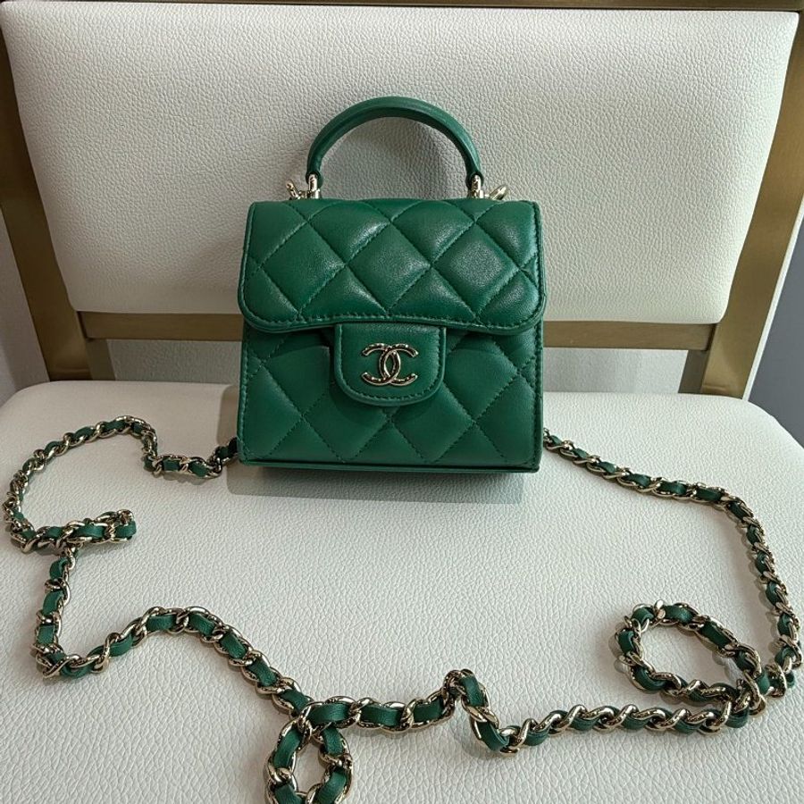 Chanel 綠色mini手柄鏡子款 肩背斜背包 芯片款 11*10 98新配件塵袋-1