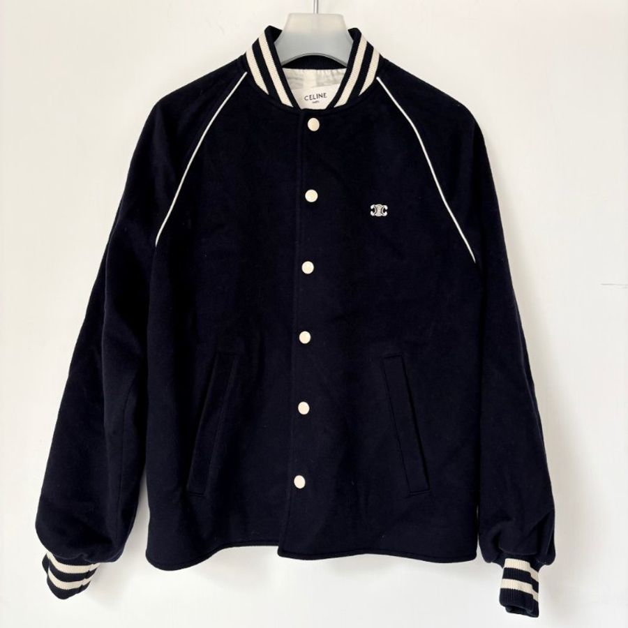 ::CELINE:: Triomphe Teddy Jacket 深藍色羊毛白色飾邊球外套 夾克34號-0