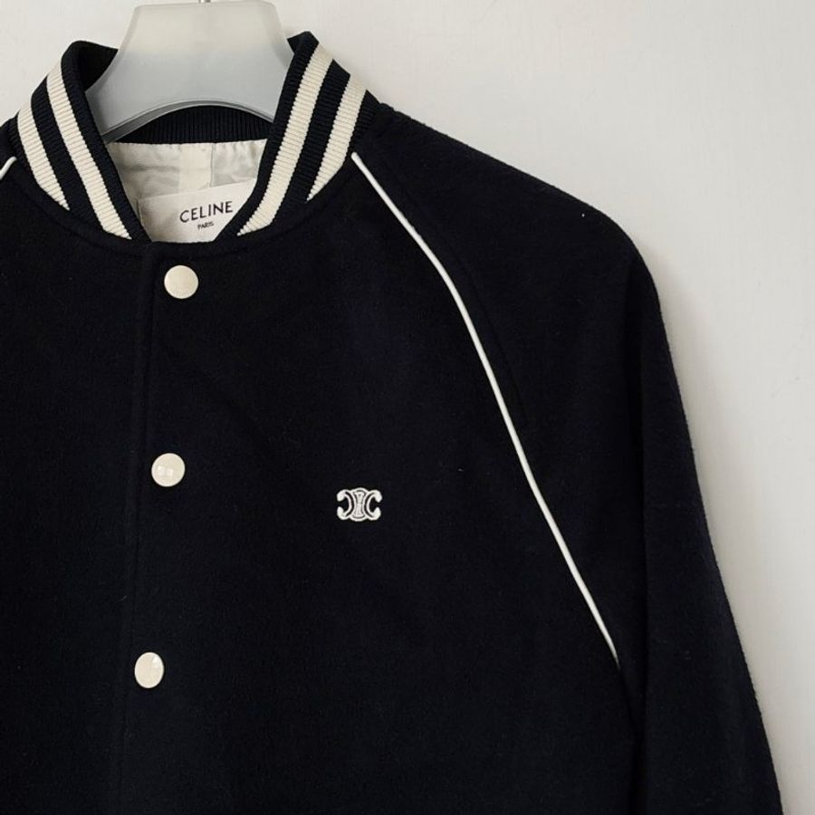 ::CELINE:: Triomphe Teddy Jacket 深藍色羊毛白色飾邊球外套 夾克34號-4
