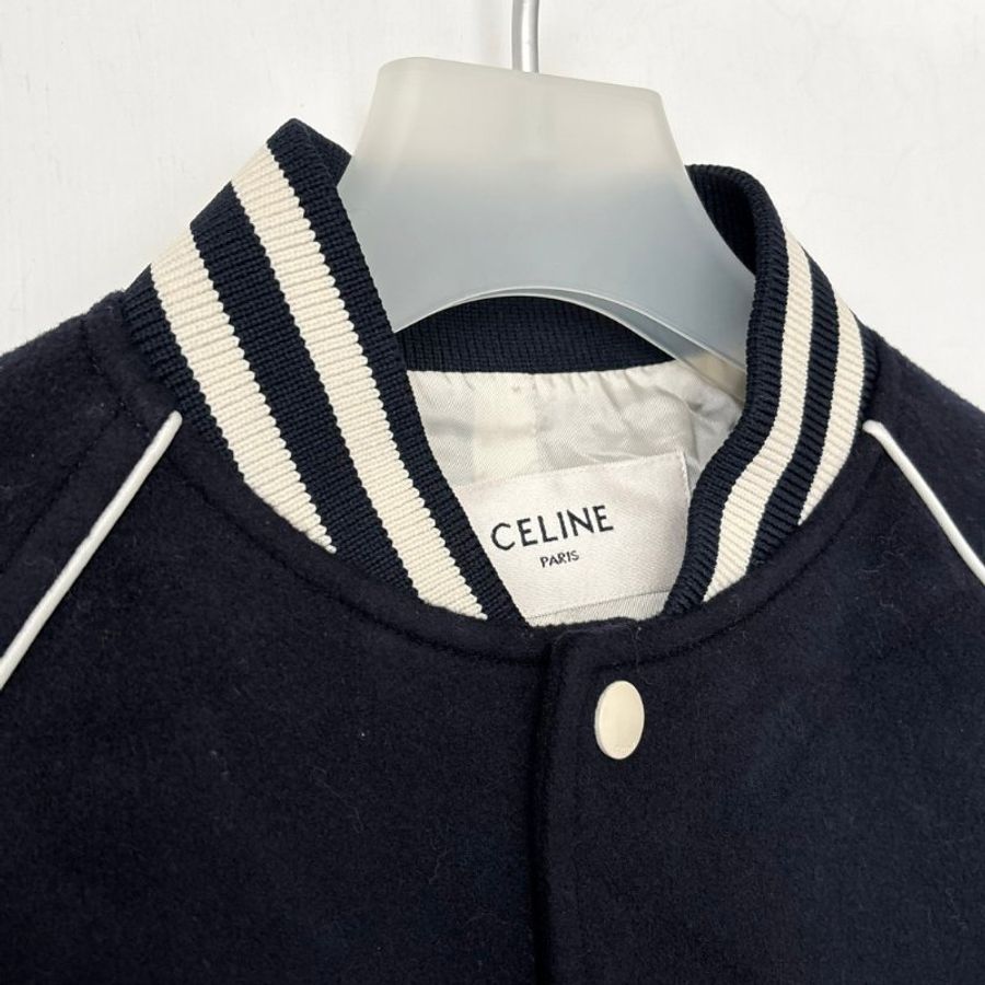 ::CELINE:: Triomphe Teddy Jacket 深藍色羊毛白色飾邊球外套 夾克34號-5