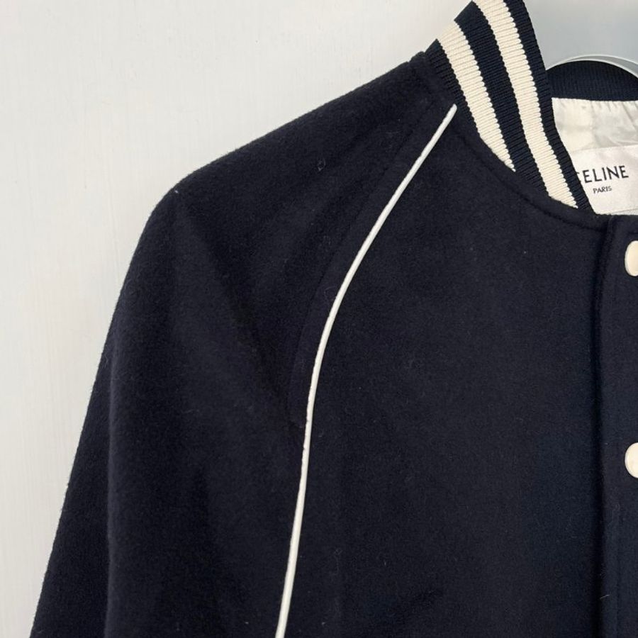 ::CELINE:: Triomphe Teddy Jacket 深藍色羊毛白色飾邊球外套 夾克34號-6